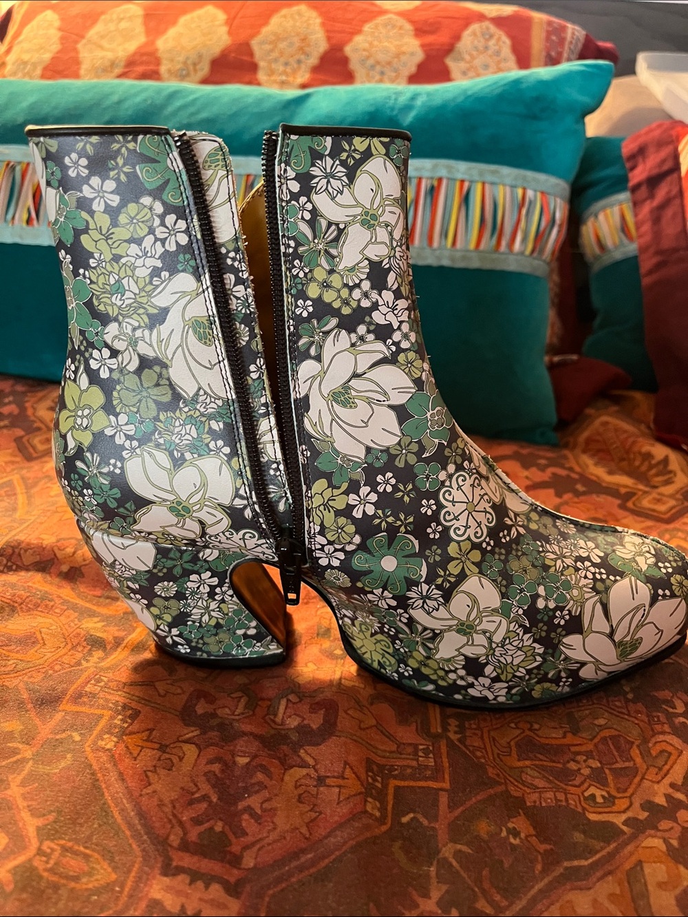 John Fluevog Floral Green & White on Black Ankle Boots with Button Accents - Picture 3 of 7